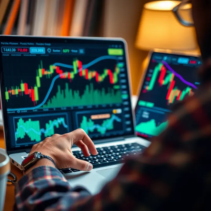 Close-up of a person analyzing financial data and forex charts on a laptop