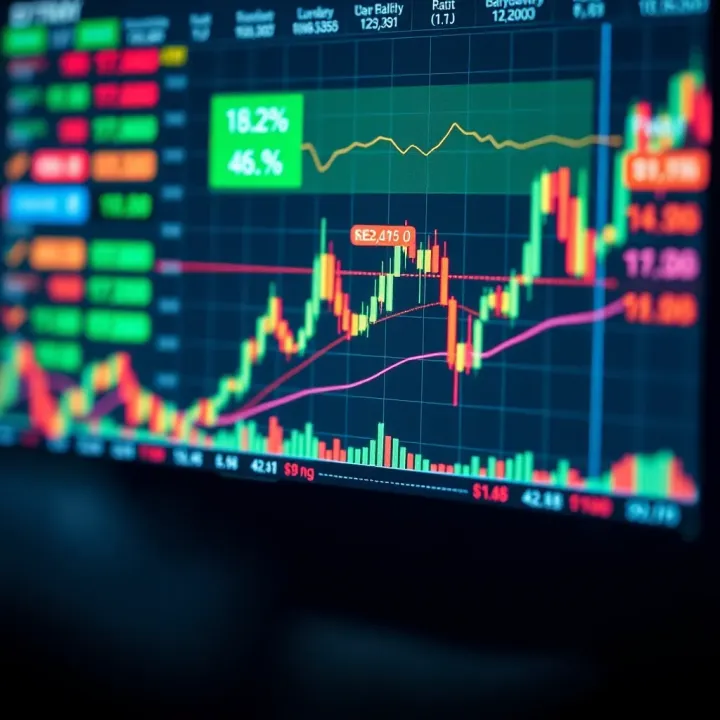 Conceptual chart showing currency pairs with rising and falling trends, highlighting binary forex trading decisions