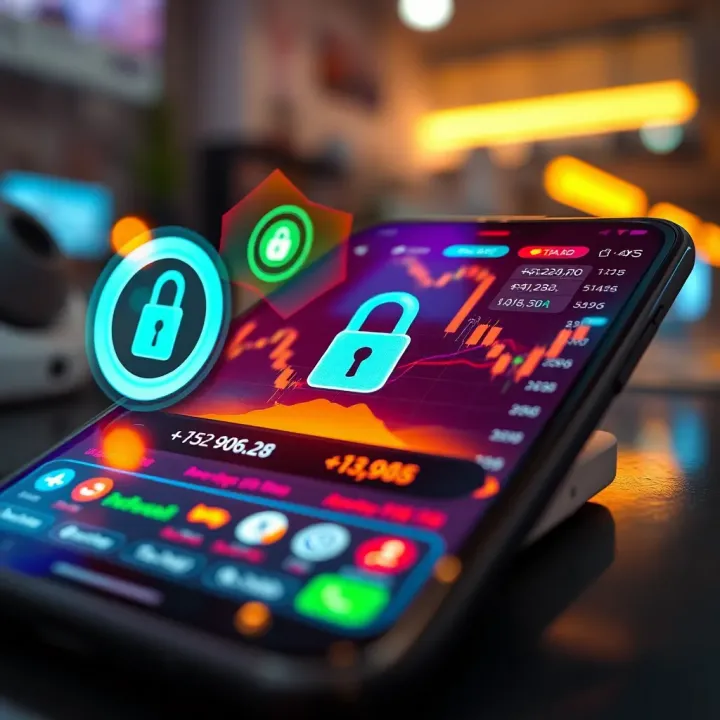 Secure Mobile Trading Platform with Advanced Security Features Secure mobile trading platform with encryption symbols and digital security elements