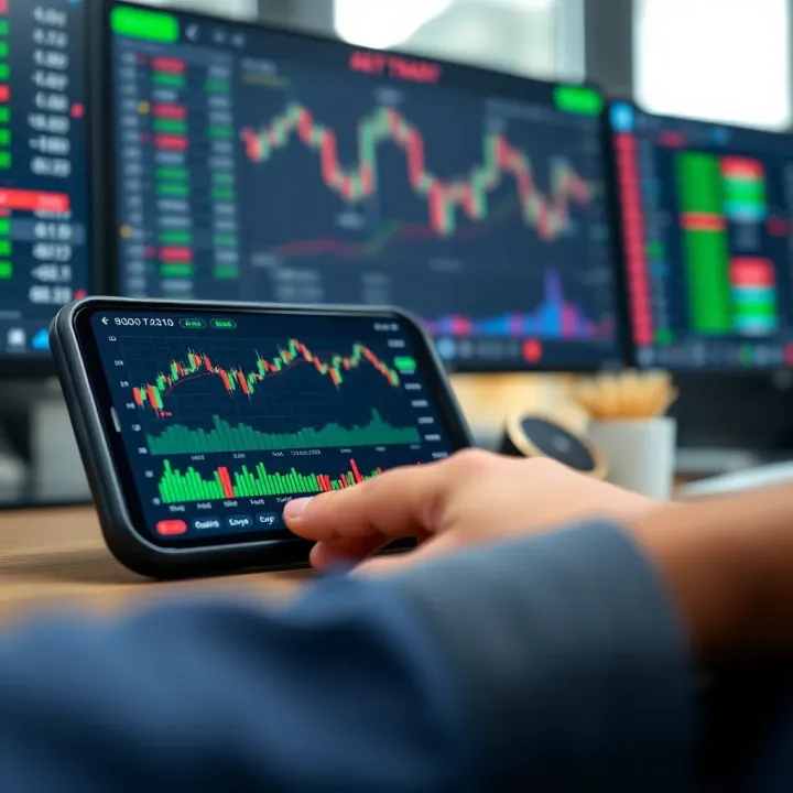 Mobile device displaying binary trading app interface with charts and financial data