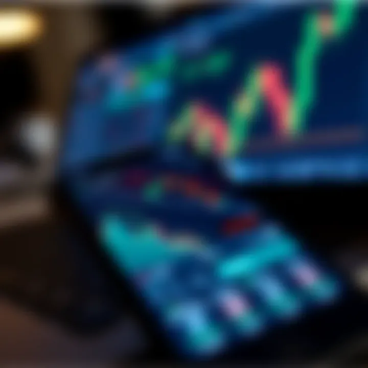 Mobile phone displaying forex trading app interface with currency charts and indicators