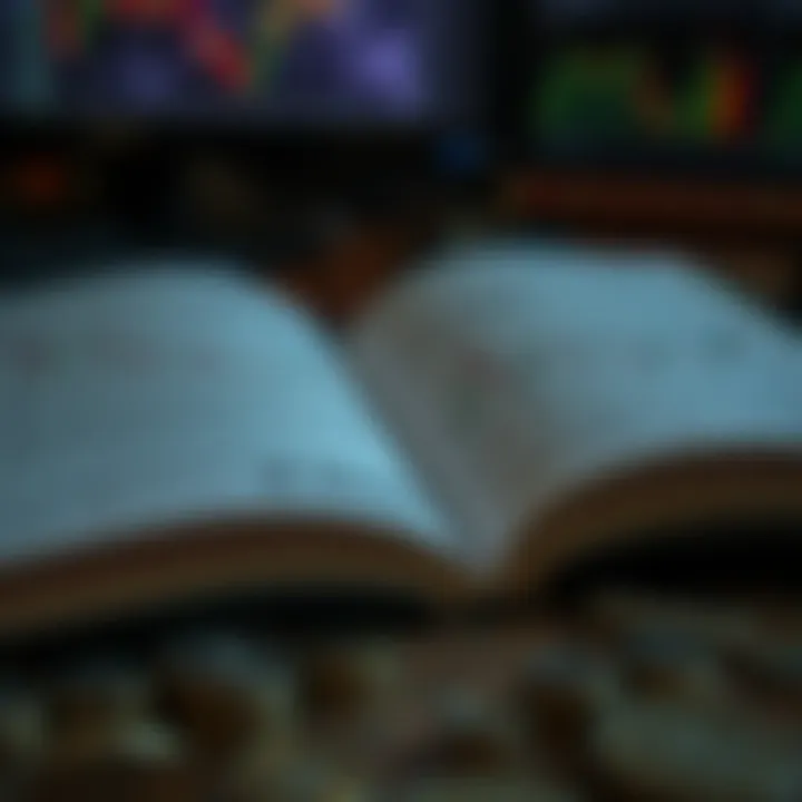 Open book with forex trading charts and currency symbols on pages