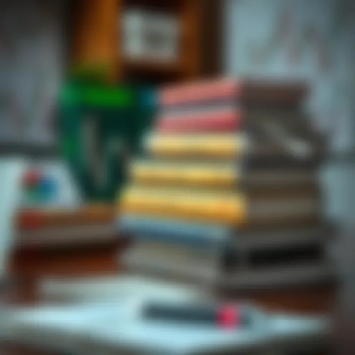 Collection of top forex trading books stacked on a desk with a notebook and pen