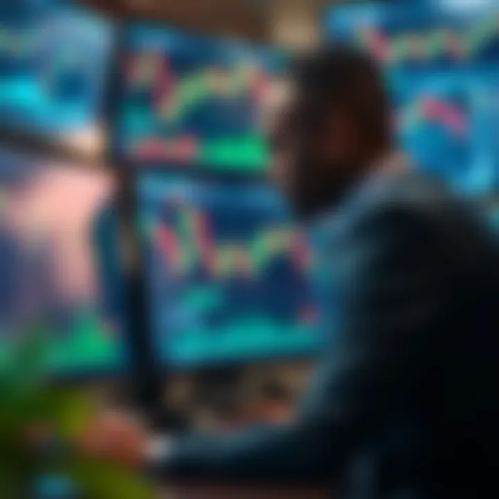 A forex trader analyzing charts and graphs on multiple screens with currency symbols visible