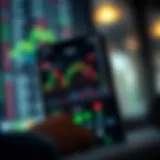 Mobile device displaying a forex trading app interface with charts and currency pairs on screen