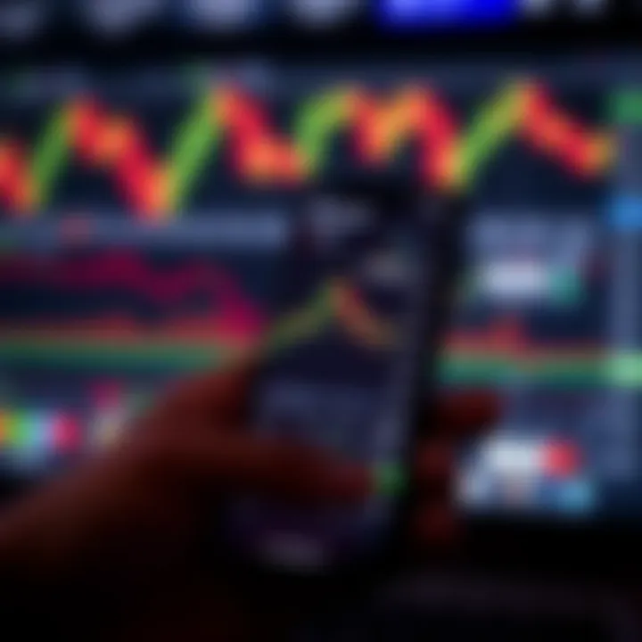 Mobile phone displaying forex trading app interface with charts and currency pairs