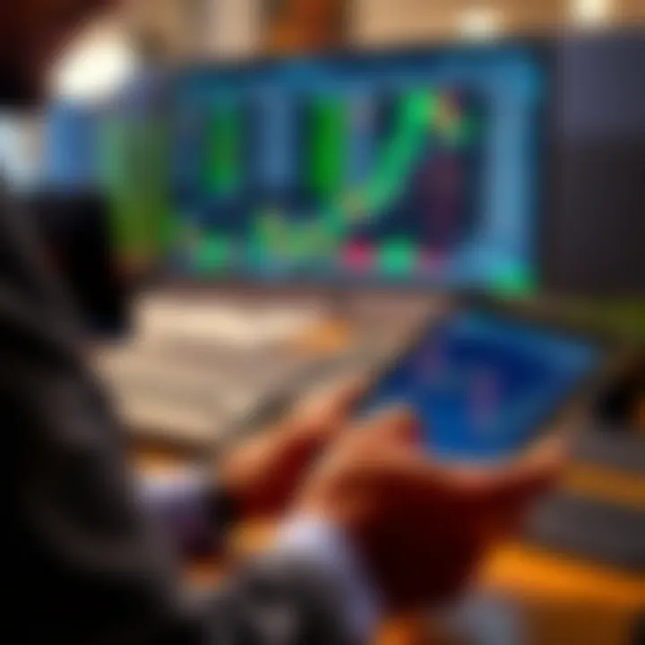 Person analyzing risk management strategies on a digital tablet while trading forex