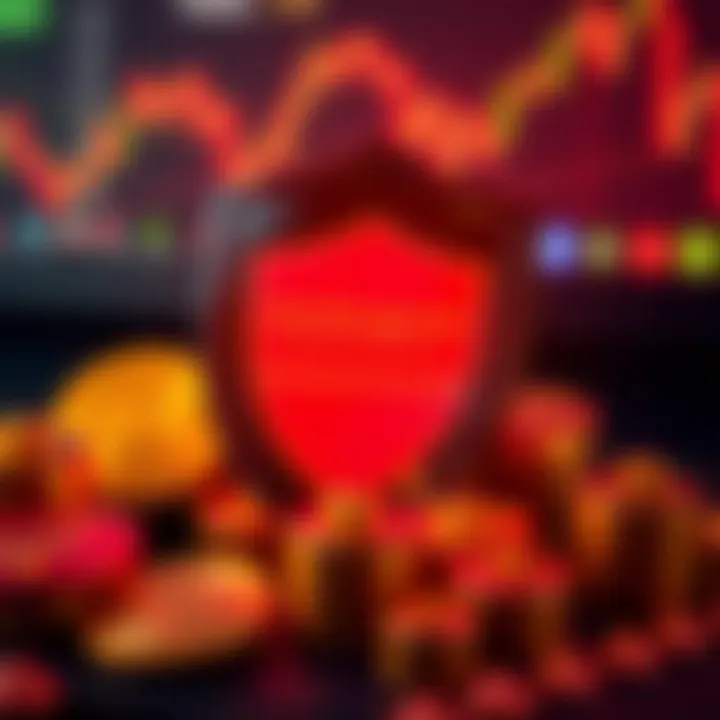 Conceptual illustration of risk management in financial trading with protective shield and currency symbols