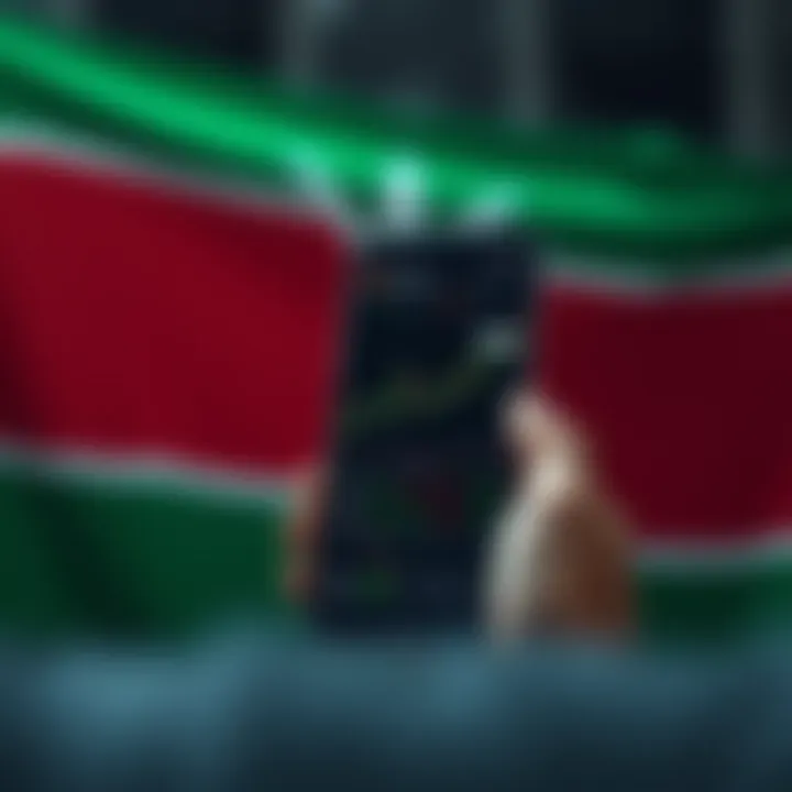 Smartphone displaying forex trading analytics with Kenyan flag in the background