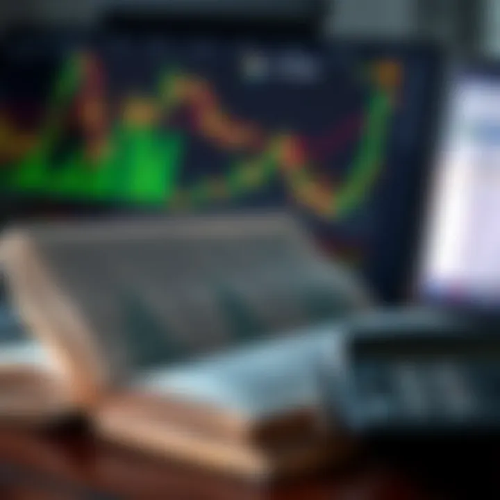 Open book with financial graphs and a calculator on a desk representing trading analysis and risk management
