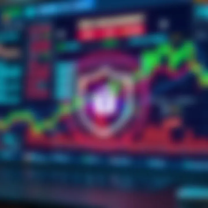 Illustration of a secure trading environment with shield symbol and currency icons