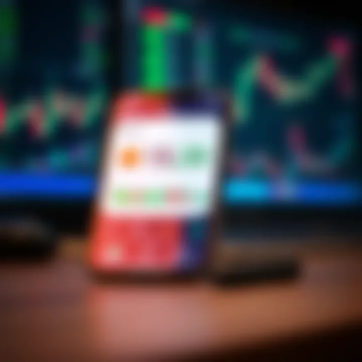 Forex Trading Platform Interface on Mobile Device Smartphone screen displaying a forex trading platform with currency charts and trading indicators