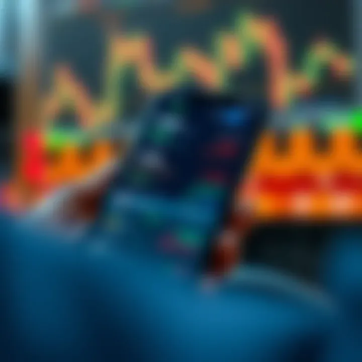 Mobile phone displaying a forex trading app with various currency pairs and market data
