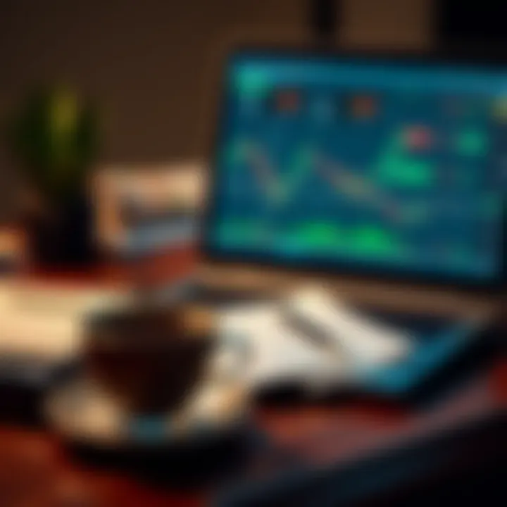 A laptop displaying forex market data with notes and a cup of coffee on the desk