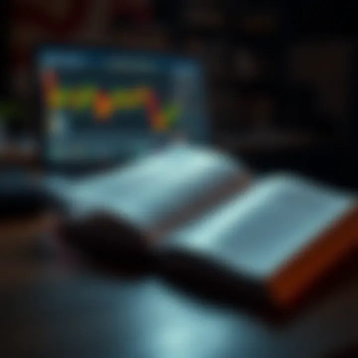 Open book displaying forex strategies with a laptop showing currency market graphs