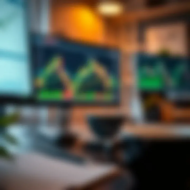 Visual of a forex trading chart on a computer screen alongside notes and a cup of coffee