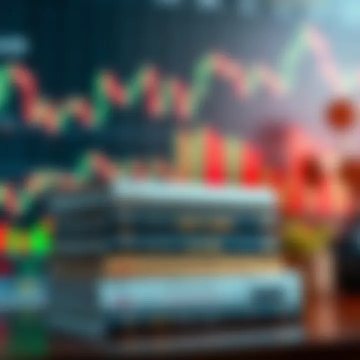 Stack of forex trading books with a chart and currency symbols in the background