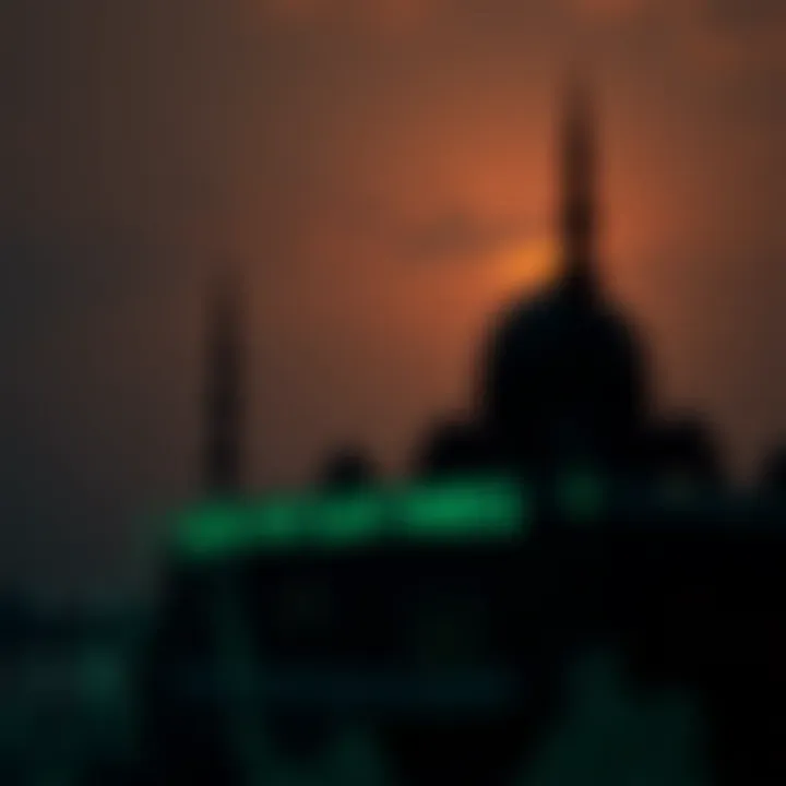Islamic Views on Forex Trading Global currencies with a mosque silhouette representing Islamic perspectives on forex trading