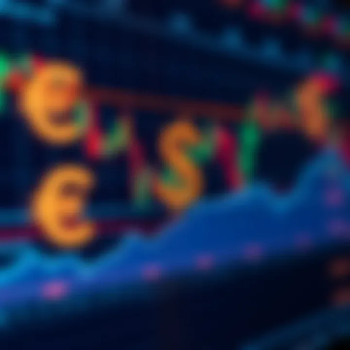 Currency symbols overlaid on a digital trading chart showing market fluctuations