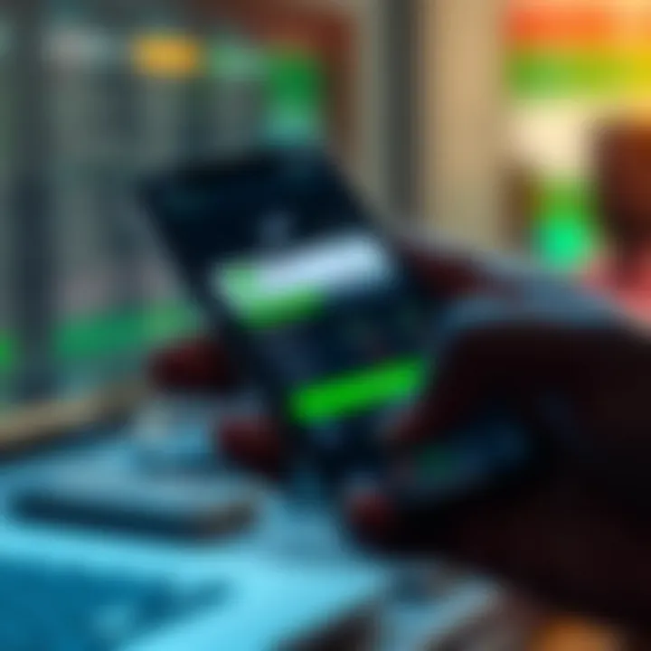 Illustration of mobile phone showing M-Pesa payment integration with binary trading platform