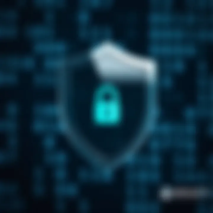 Safety shield icon with binary code background symbolizing secure downloading of trading software