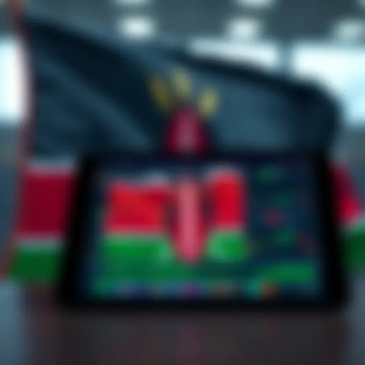 A digital tablet displaying forex trading charts and analysis tools with a Kenyan flag in the background