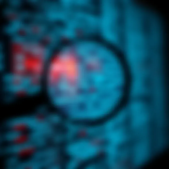 Illustration of software security analyzing binary code with magnifying glass over digital data streams