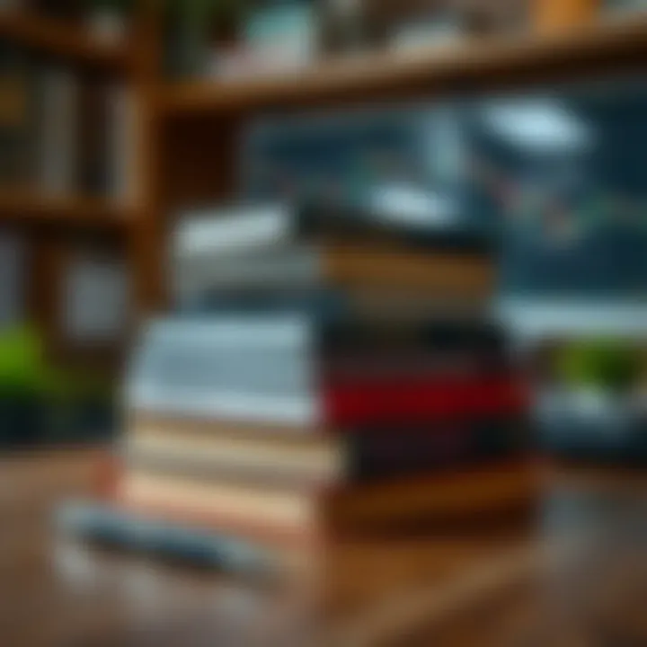 Stack of popular forex trading books with a pen on a wooden desk