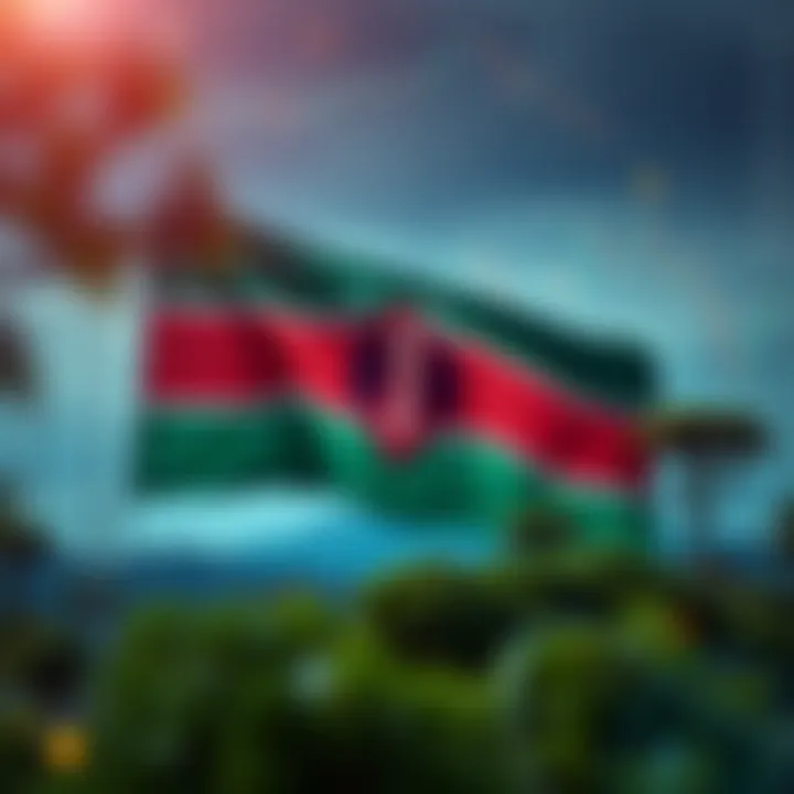 Illustration showing Kenyan flag with digital trading symbols and charts