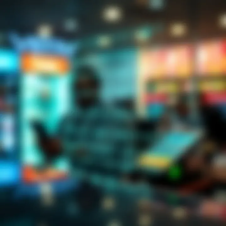 Digital representation of binary code integrated with payment system icons in a modern retail environment