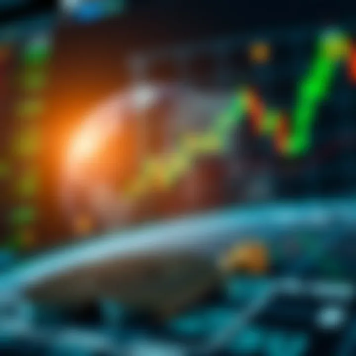 Illustration of global financial market with currency symbols and trading charts
