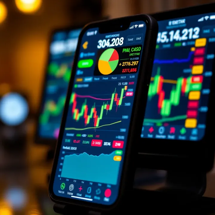 Mobile device displaying forex trading app interface with charts and currency pairs
