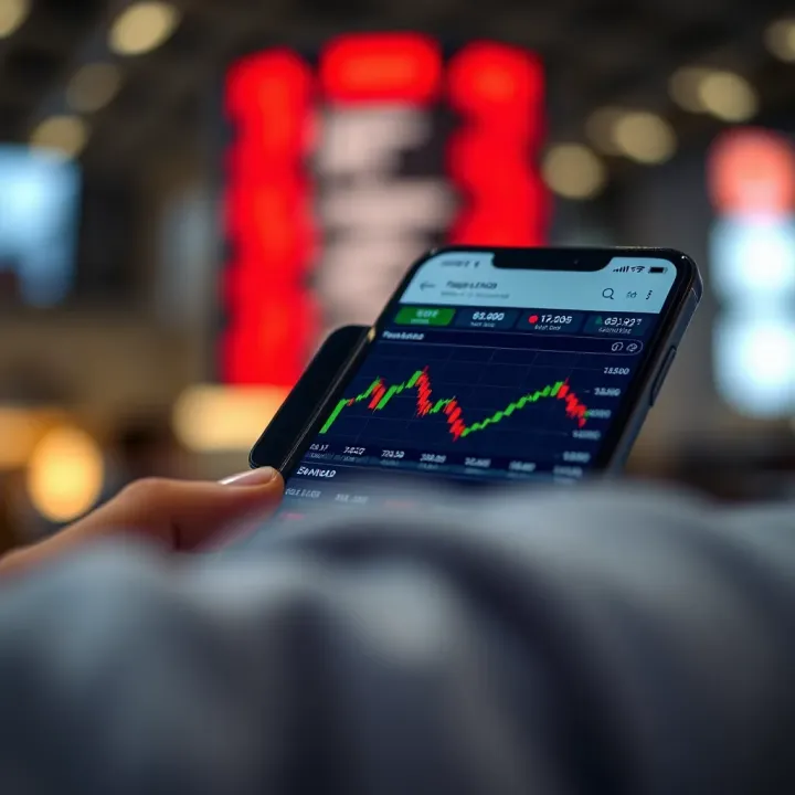 Mobile phone displaying a forex trading application with real-time currency exchange rates and charts