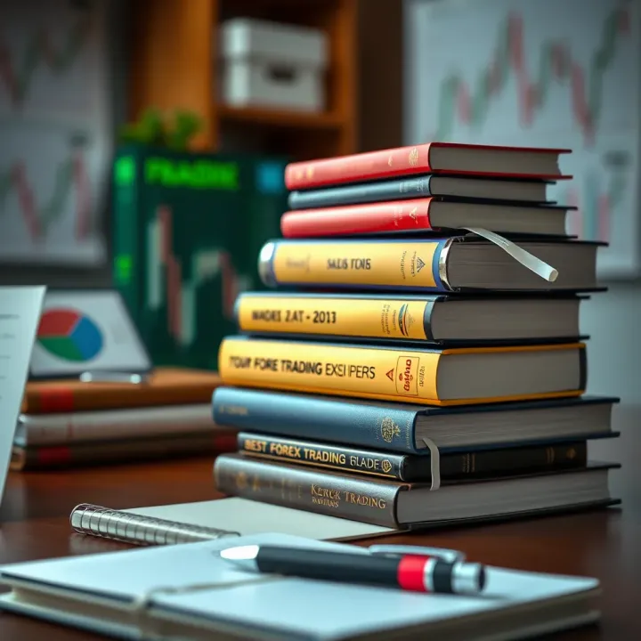 Selection of Recommended Forex Trading Books for Kenyan Traders Collection of top forex trading books stacked on a desk with a notebook and pen