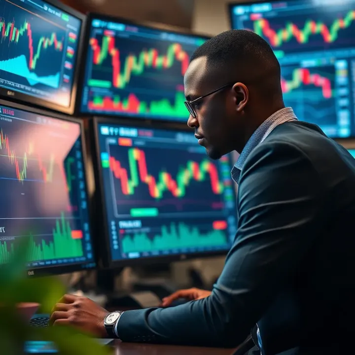 A forex trader analyzing charts and graphs on multiple screens with currency symbols visible