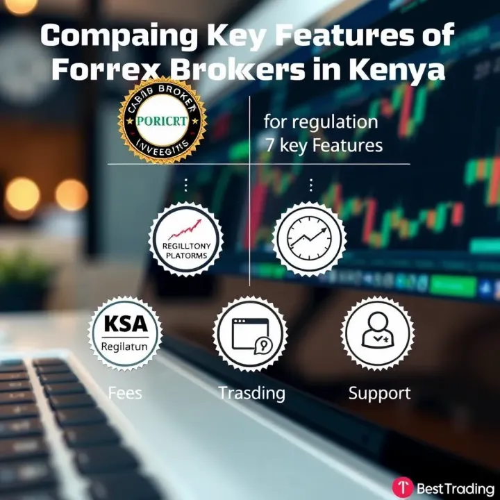 Comparison of forex broker features including regulation badges, trading platforms, fees, and customer support icons