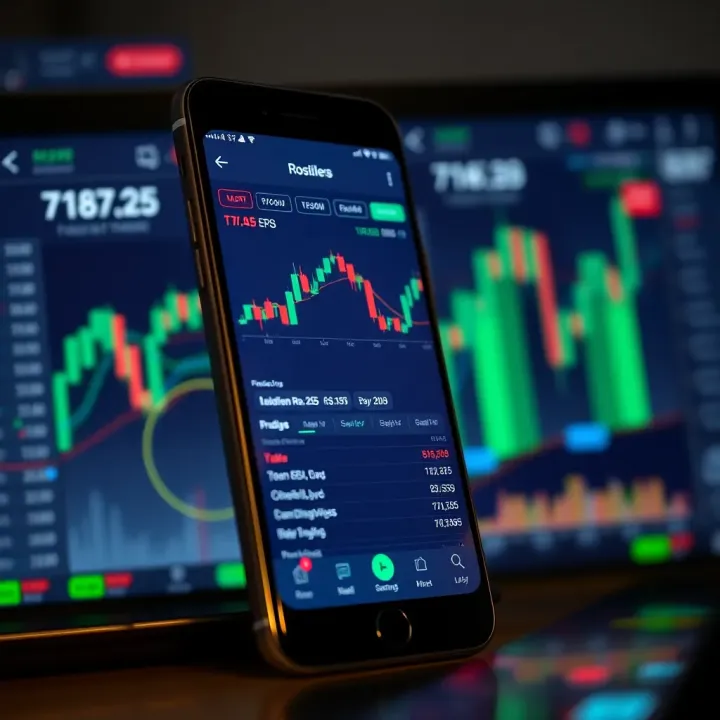 Mobile phone displaying forex trading app interface with charts and currency exchange rates