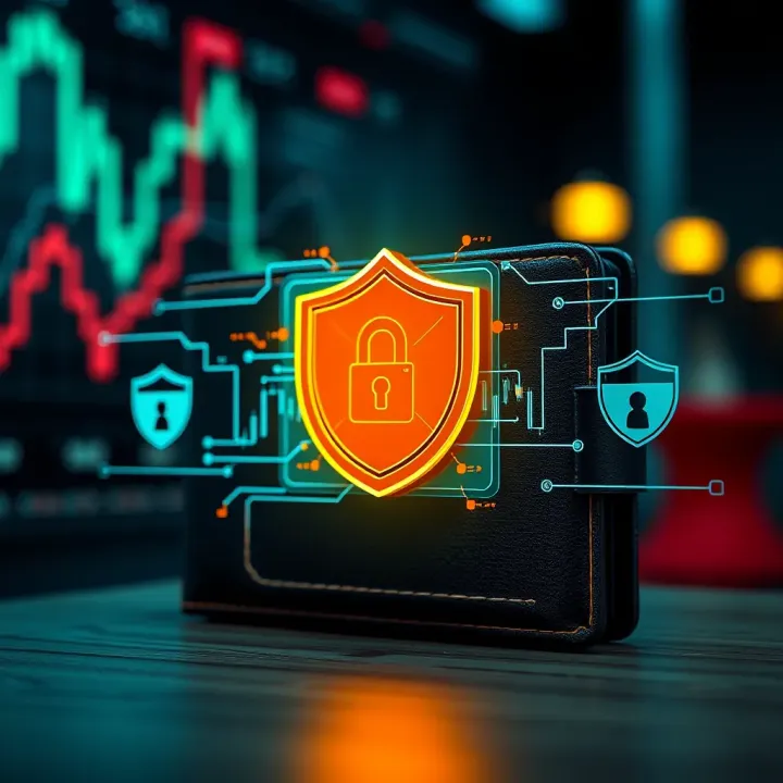 Illustration of secure digital wallet protecting cryptocurrency assets with lock and shield symbols