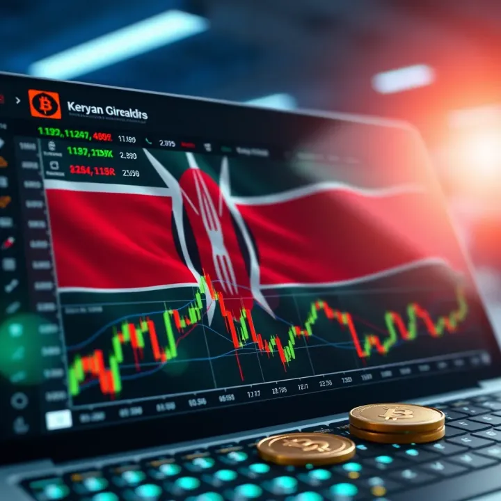 Illustration showing a digital interface with various cryptocurrency trading charts and Kenyan flag in the background