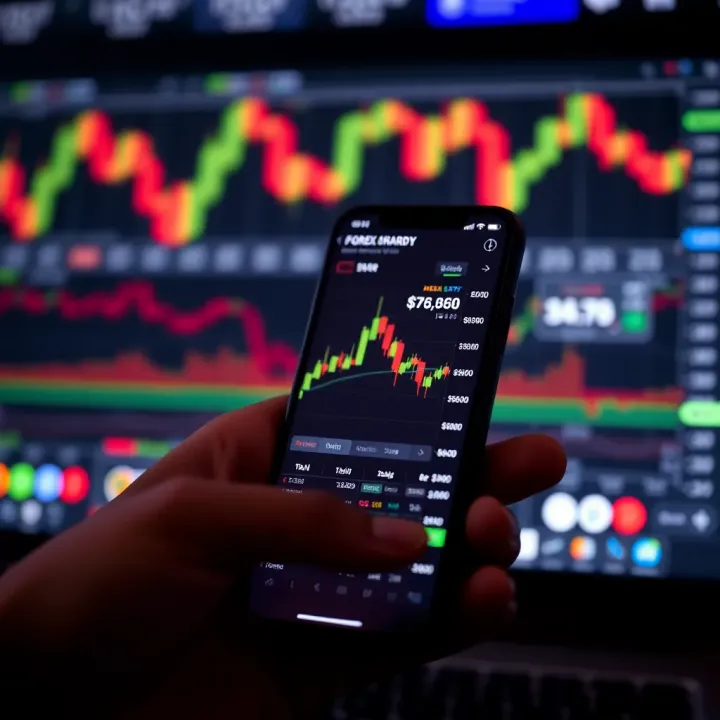 Mobile phone displaying forex trading app interface with charts and currency pairs