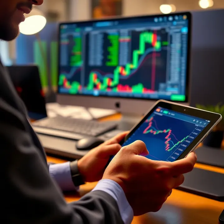 Person analyzing risk management strategies on a digital tablet while trading forex