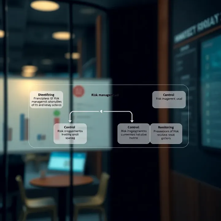 Diagram showing the core principles of risk management including identification, assessment, control, and monitoring in a business context
