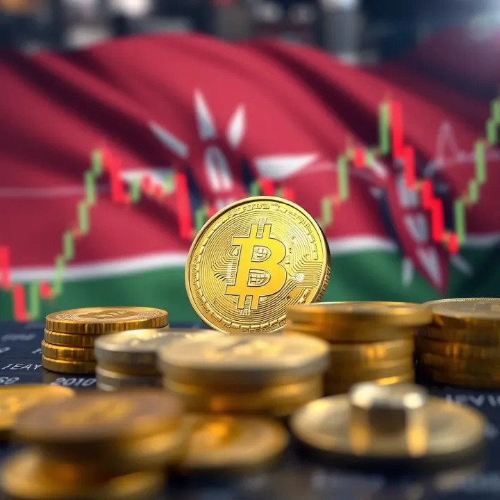Visual representation of cryptocurrency market charts and Kenyan flag in background