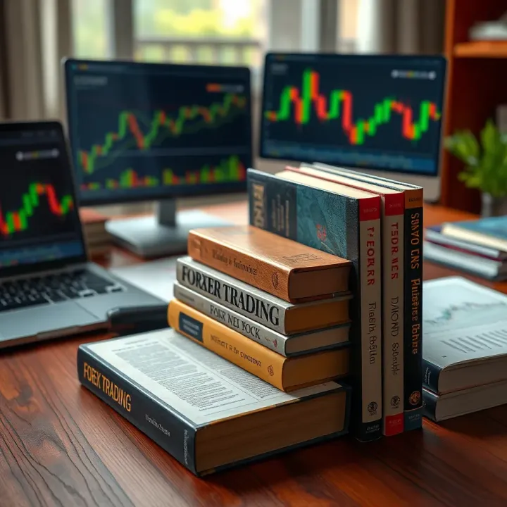 A collection of popular forex trading books arranged on a wooden desk with a laptop and currency charts
