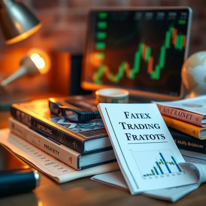 Books on forex trading fundamentals and strategies with charts and currency symbols on a wooden desk
