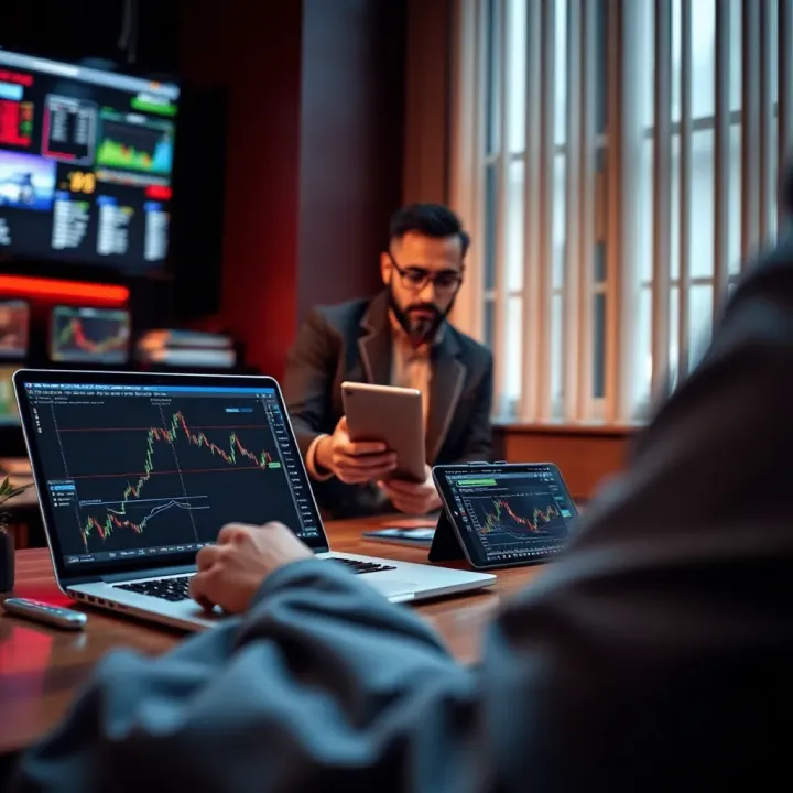 Online learning setup displaying forex course content on laptop and mobile devices
