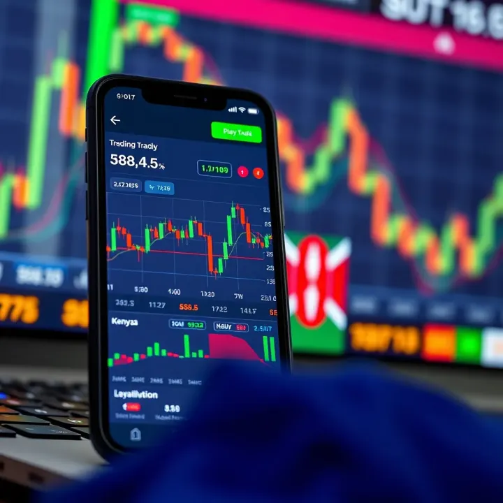 Smartphone displaying forex trading app with currency charts and Kenyan flag