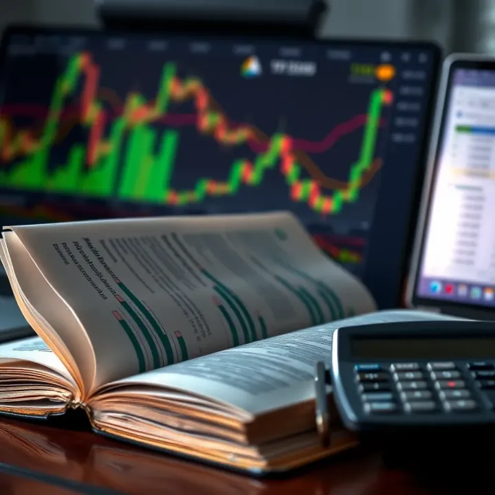 Open book with financial graphs and a calculator on a desk representing trading analysis and risk management