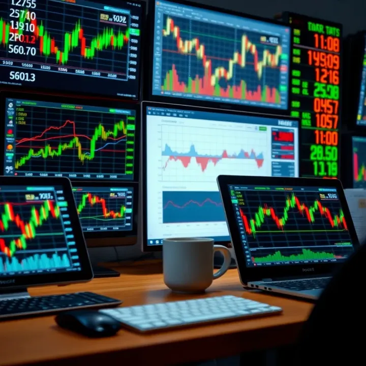 Selection of digital devices showing forex market data and charts
