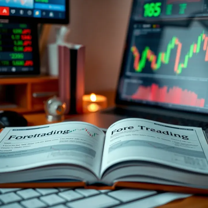 Guiding Concepts and Strategies in Forex Trading Literature Open forex trading book showing charts and currency symbols on a desk